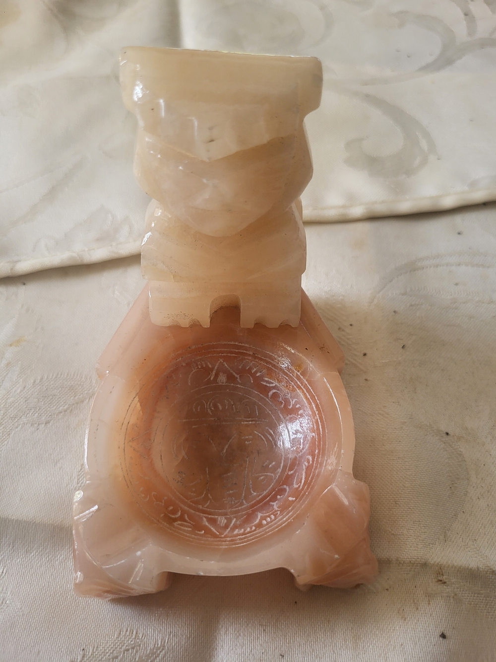 Vintage Onyx Alabaster Carved Stone Ashtray / Mayan Aztec God / Mexico Folk Art